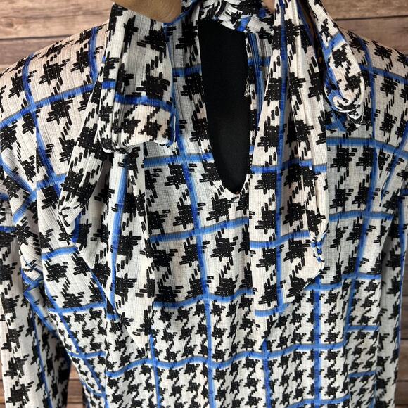 Nine West Black White & Blue Stripe Houndstooth Blouse Keyhole Back Size Small - Picture 5 of 8